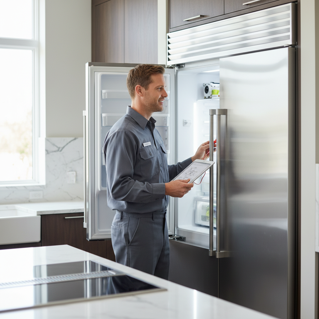 Technician inspecting premium built-in refrigerator